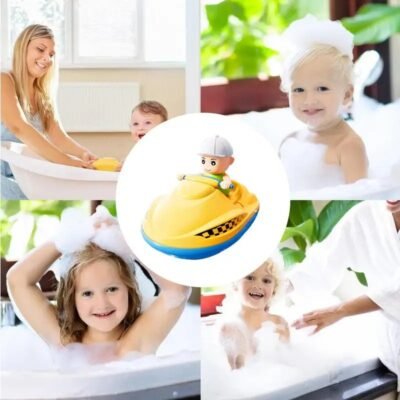 dzieci oraz rodzice zebrani wokoło Zabawki do kąpieli dla dzieci - nakręcanego skutera wodnego