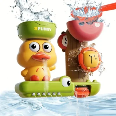 zabawka do kąpieli dla 2 latka zawierająca kaczkę i lwa, z których leje się woda