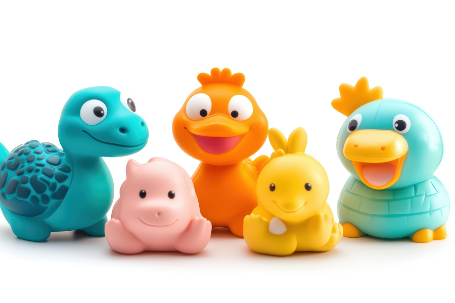 gumowe i kolorowe zabawki do wanny na białym tle reprezentujące, jakie zabawki do kąpieli dla niemowlaka